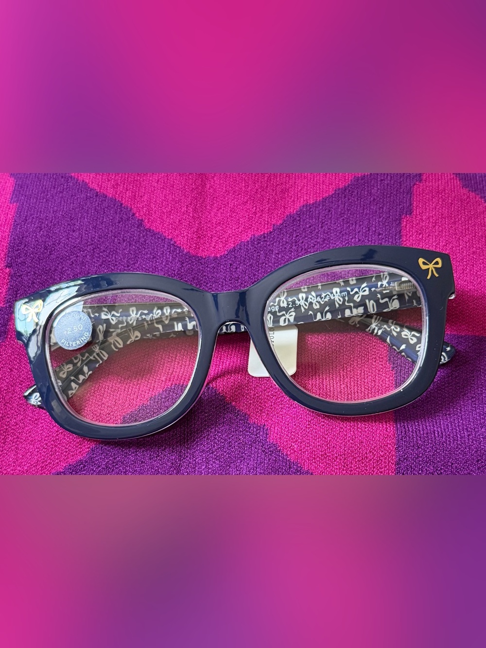 Anthropologie Peepers Readers Glasses Blue Light Navy Gold Bow Accents 2.50x NEW